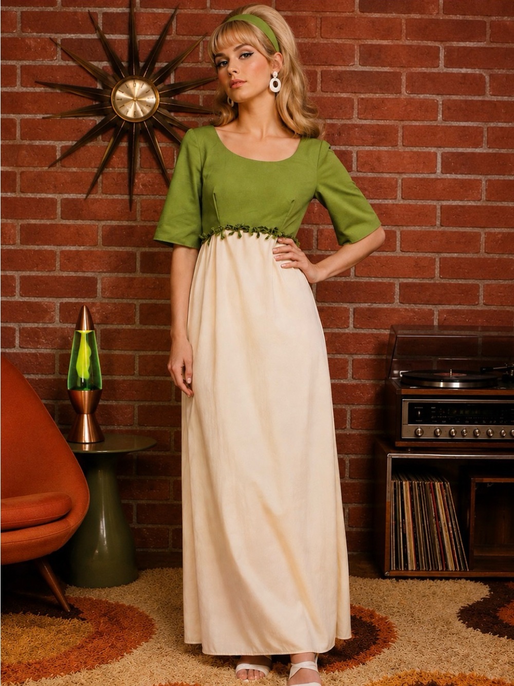 Vintage MCM Avocado Green and Cream Handmade Maxi Dress